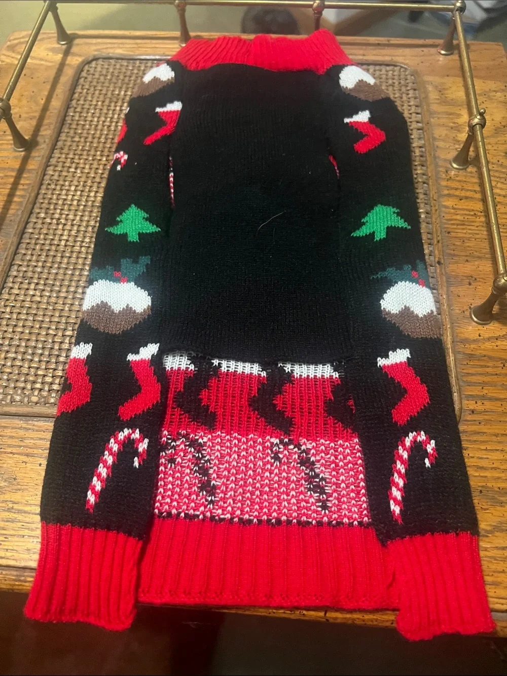 Festive Black & Red Christmas Dog Sweater with Pom-Pom Details